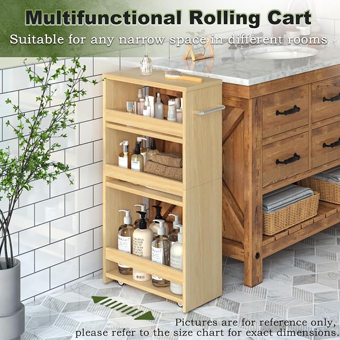 MARTY Slim Rolling Storage Cart, Wood Utility Kitchen Bathroom Laundry Cart | 4 Tier Kitchen Cart with Wheels Handle, Laundry Room Organization Between Washer and Dryer, Narrow Storage Cabinet, 8” Wide - Image 3