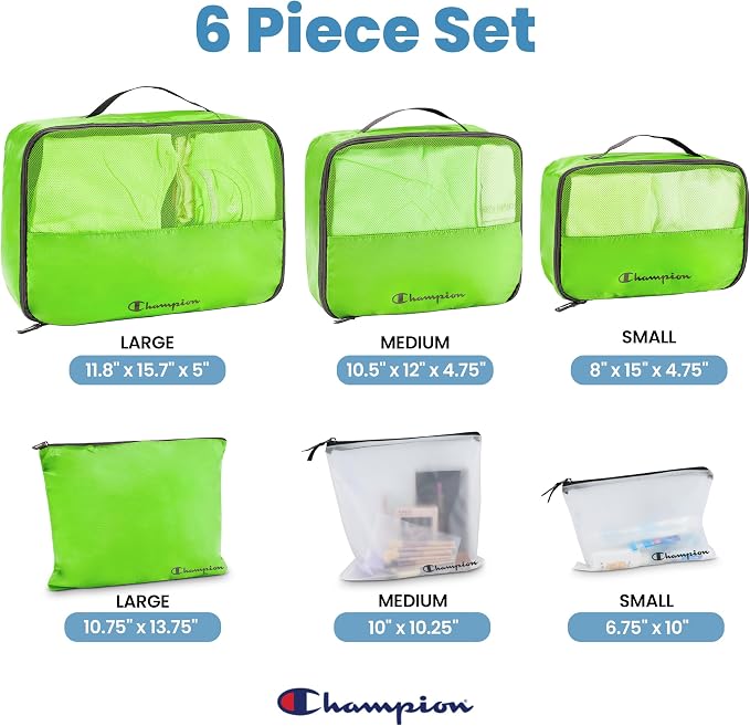 Champion Packing Cubes for Travel - 6 Piece Organizer Set, Carry-On Ready | Breathable mesh, sturdy handles; 3 cubes, 1 laundry bag, 2 zip pouches; zipper closure; fits carry-on and full-size suitcases - Image 2