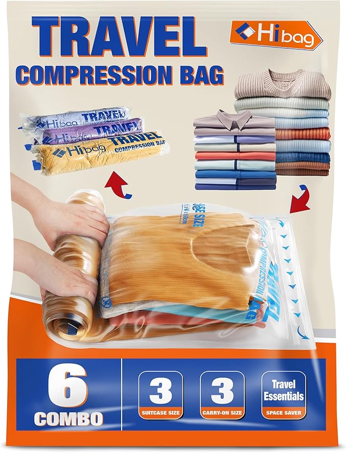 6 Compression Bags for Travel Essentials, Vacuum Packing Space Saver Bags for Cruise Accessories (6-Travel) by HIBAG