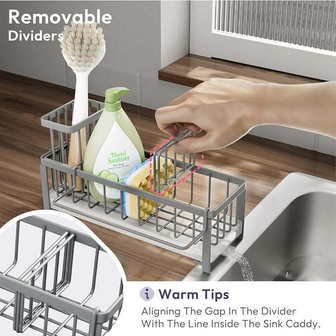 SWTYMIKI Sponge Holder for Kitchen Sink - Sink Caddy with Brush Holder Self-draining Sponge Caddy Organizer with Divider Stainless Steel Kitchen Accessories Storage for Countertop, Gray - Image 4