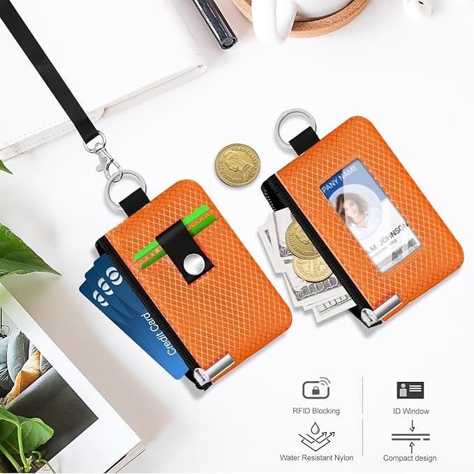 Minimalist RFID Blocking Small Wallet with ID Window,WaterResistant Zip Id Case Wallet with Lanyard Keychain for Cards,Cash,Travel,Women,Men (Orange) - Image 8