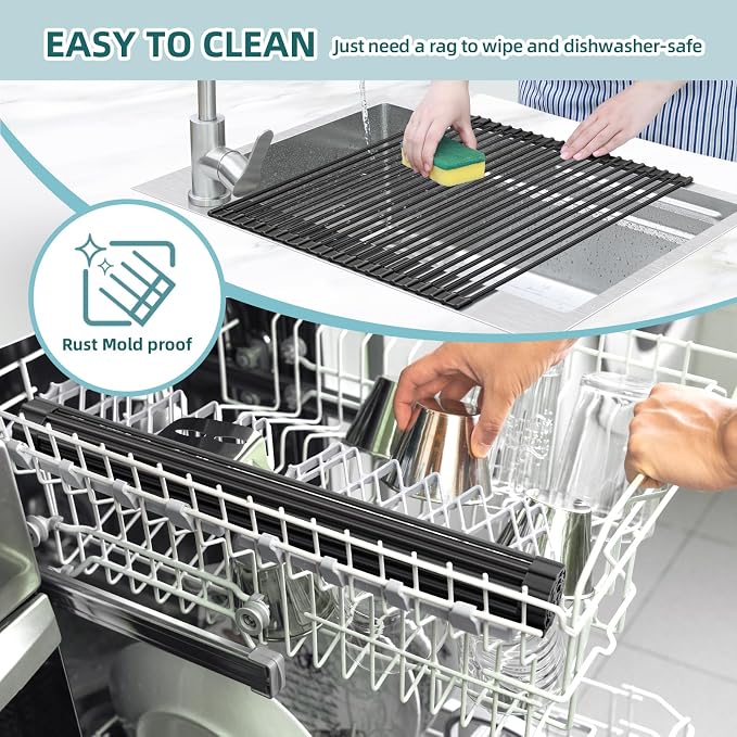 Ohuhu Sink Drying Rack, 20.5" W x 16.1" L Over Sink Roll-Up Dish Drainer - Rolling Foldable Accessories Heat-Resistant Mat Anti-Slip Silicone Coated Multipurpose for Kitchen Counter - Image 8