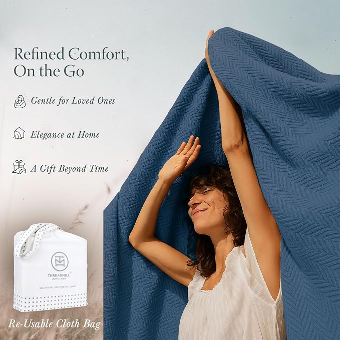 Threadmill Cotton Queen Blanket, Herringbone, Folkstone Blue, 90x92 in | 100% Cotton, Herringbone Pattern, 90x92 in, Breathable, Moisture-Wicking, All-Season, OEKO-TEX Certified, Machine Washable - Image 7