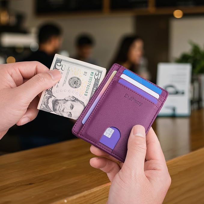 Buffway Slim Minimalist Front Pocket RFID Blocking Leather Wallets for Men and Women - Cross Purple - Image 6