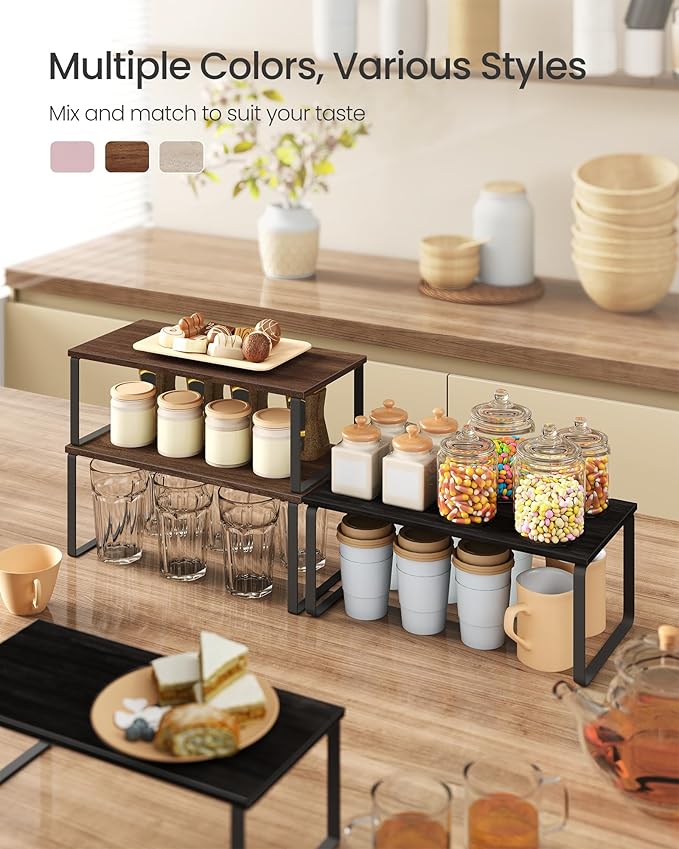 SONGMICS Cabinet Organizer Shelf, Set of 2 Spice Rack, Kitchen Storage | Kitchen Counter Storage Spice Rack, Particleboard, Steel, Natural Walnut and Matte Black, BYSTRO Collection UKCS025K01 - Image 3