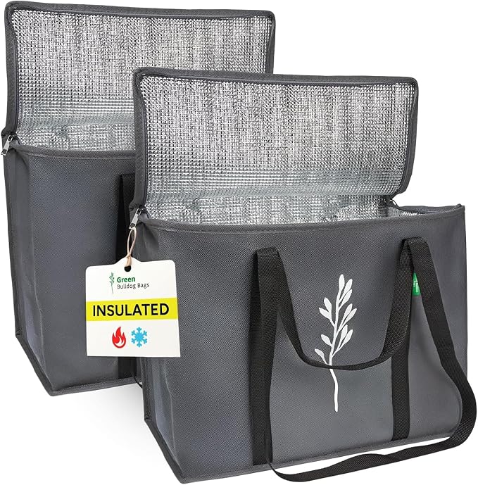 Green Bulldog 2Pack Insulated Grocery Bags – Foldable Reusable Cooler Bags with Handles for Everyday Use, Groceries, Food Delivery, and Shopping – 16”x9”x13”, Gray by GreenBulldogBags