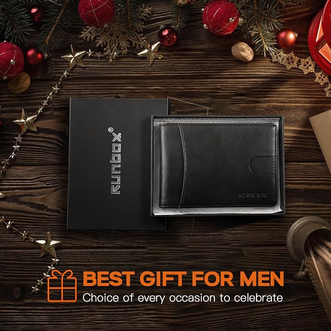 RUNBOX Slim Wallet for Men Genuine Leather RFID Blocking Bifold Minimalist Front Pocket Mens Wallet with Money Clip Thin Gift Box - Image 5