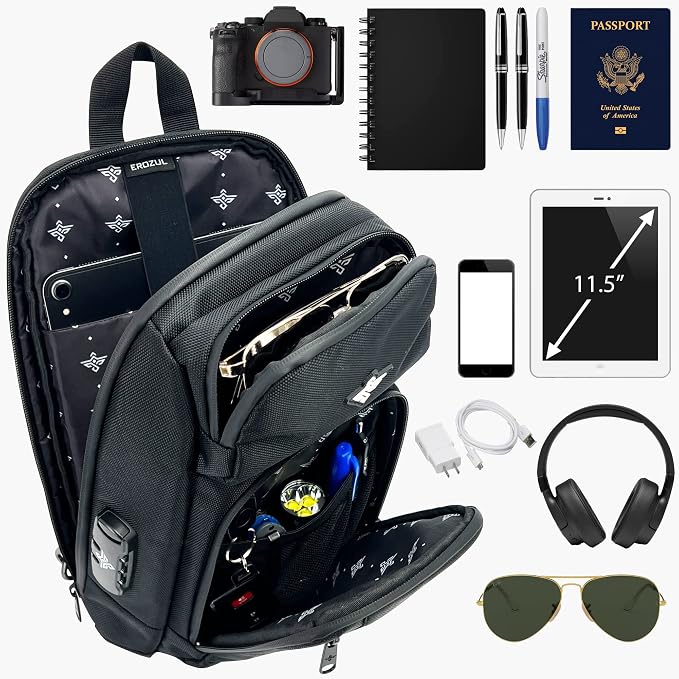 Equinox Sling Backpack Anti Theft Combination Lock Chest Shoulder Bag Waterproof Crossbody Casual Daypack (Black) - Image 4