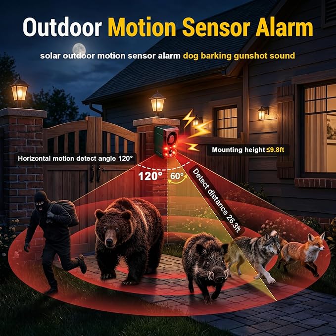 ChunHee Solar Outdoor Motion Sensor Alarm Dog Barking Gunshot Sound 130dB | Support Recording and Adjustable Volume,Loud Noise Maker 3 Work Modes Strobe Light for Home, Villa, Farm, Barn (3pack) - Image 6