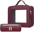 Pinkmik Clear Makeup Bag with Brush Bag, (Burgundy, L+SLIM) | 2pcs, Waterproof, Travel Case for Cosmetics and Toiletries, Women's Cosmetic Organizer, with Zipper by Pinkmik