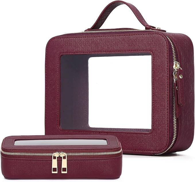 Pinkmik Clear Makeup Bag with Brush Bag, (Burgundy, L+SLIM) | 2pcs, Waterproof, Travel Case for Cosmetics and Toiletries, Women's Cosmetic Organizer, with Zipper by Pinkmik
