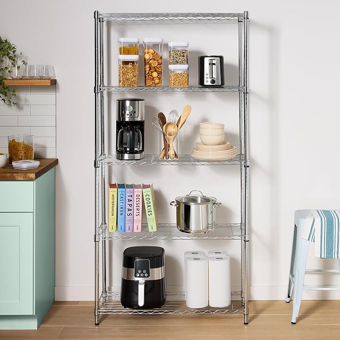 Amazon Basics 5-Shelf Adjustable Heavy Duty Steel Wire Rack, Space Saving Storage Shelving Organizer for Kitchen, Garage, No-Tool Assembly, 350 lbs Weight Capacity, 36" x 14" x 72", Chrome - Image 5
