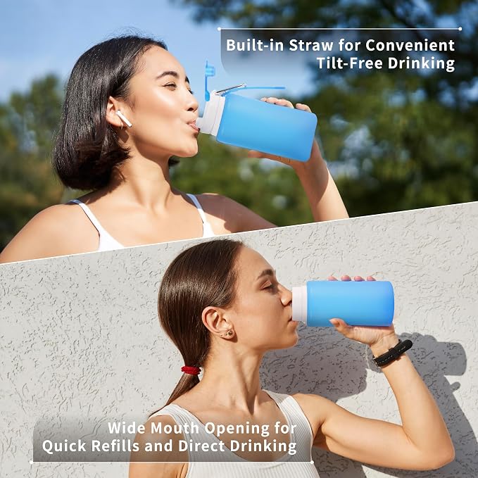 Collapsible Water Bottles 19oz with Spout & Carabiner, Odorless BPA-Free Silicone, Leak-Proof Foldable Reusable Bottle - Perfect for Travel Sports Gym Hiking Camping Cycling - Clear Blue - Image 5