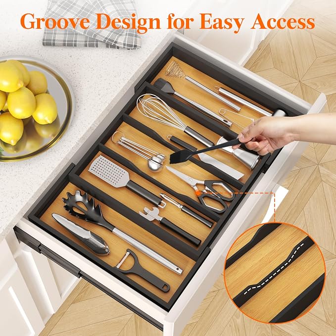 Lifewit Bamboo Utensil Organizer for Kitchen Drawer, Cooking Utensil Tray | Expandable Cutlery Silverware Flatware Holder, Wood Adjustable Spatula Tools Storage Divider, 12.6-22.4x 15", Natural Black - Image 4