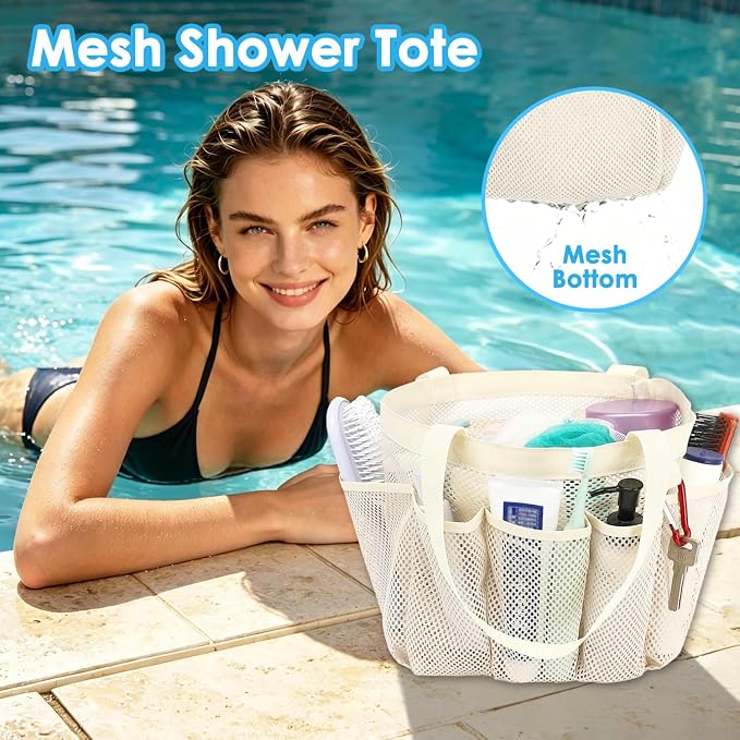 Fammart Mesh Shower Caddy Portable for College Dorm Room Essentials, Odorless Polyester Large Shower Tote Bag with Dual Handles, 8-Pocket Quick-Dry Toiletry Organizer for Travel, Beach, Camping, Gym - Image 3