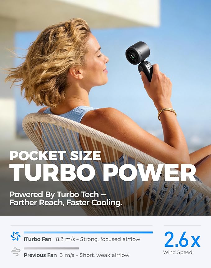 Diveblues Mini Portable Handheld Turbo Fan 27ft/s, 4000mAh Battery | Quiet Motor, 12H Max Cooling, 5 Speeds, LED Display, 3-in-1 Handheld/Neck/Desk Fan for Travel, Cruise & Disney Essentials - Image 2