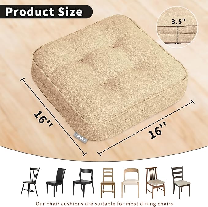 GOFORIT Memory Foam Cushion，Square Seat Cushions for Dining Chairs,Non-Slip Chair Pads with Removable Cover, 16'' x 16'', 2 Pack,Khaki - Image 2