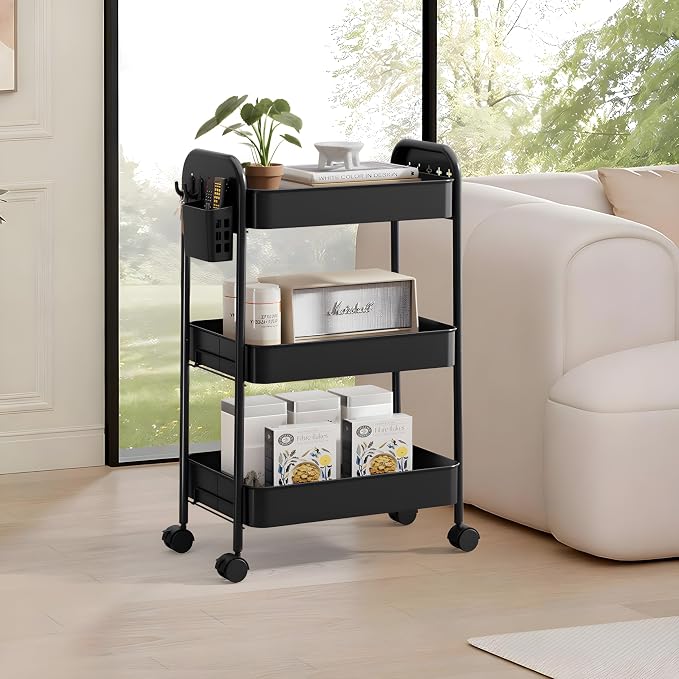Heavy-Duty Rolling Cart 3 Tier Metal Utility Storage Cart | with Casters, Hooks & Hanging Cups, Rolling Storage Organizer for Kitchen Office Craft Snack Book - Image 3