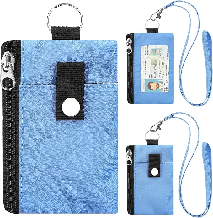 Minimalist RFID Blocking Wallet with 2 Zip Pockets and Lanyard, Water Resistant ID Case with Key Ring and Cards Badge Holder, Coin Purse Pouch for Men and Women Travel Sports -LT BU by Unknown