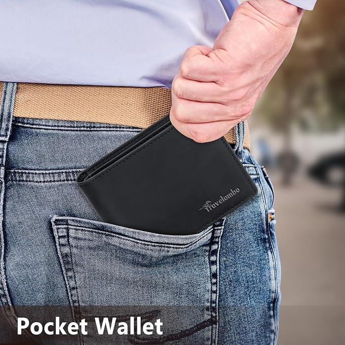 Travelambo Leather Wallet for Men, Slim Minimalist RFID Credit Card Holder | Mens Thin Bifold Pocket Wallet, Gift for Father, Black - Image 7