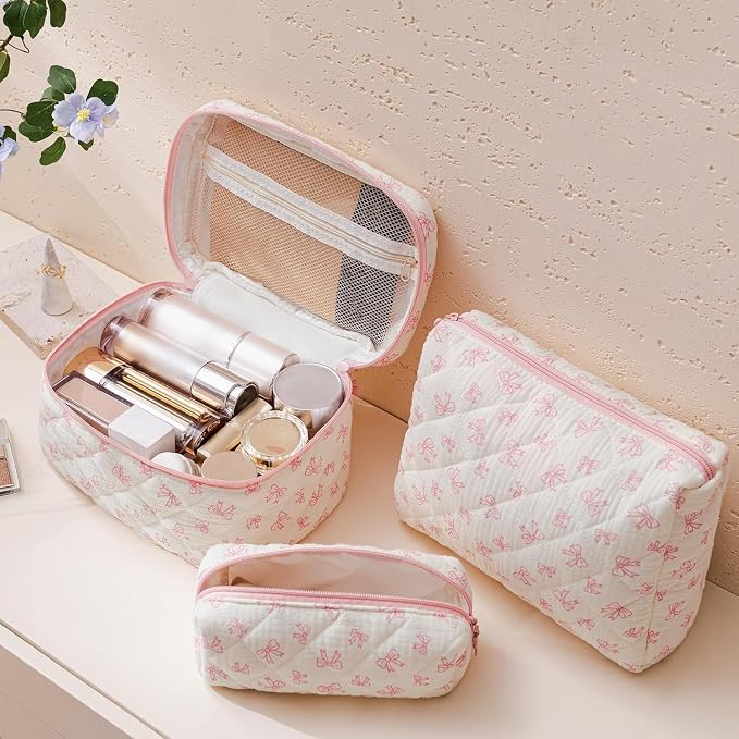 HBselect Quilted Makeup Bag, 3Pcs Cotton Large Travel Makeup Bags Organizer | Cute Floral Make up Bag Cosmetic Bag Toiletry Bag for Women Girls, Makeup Pouch for Skincare, Brushes & Travel Essentials - Image 2
