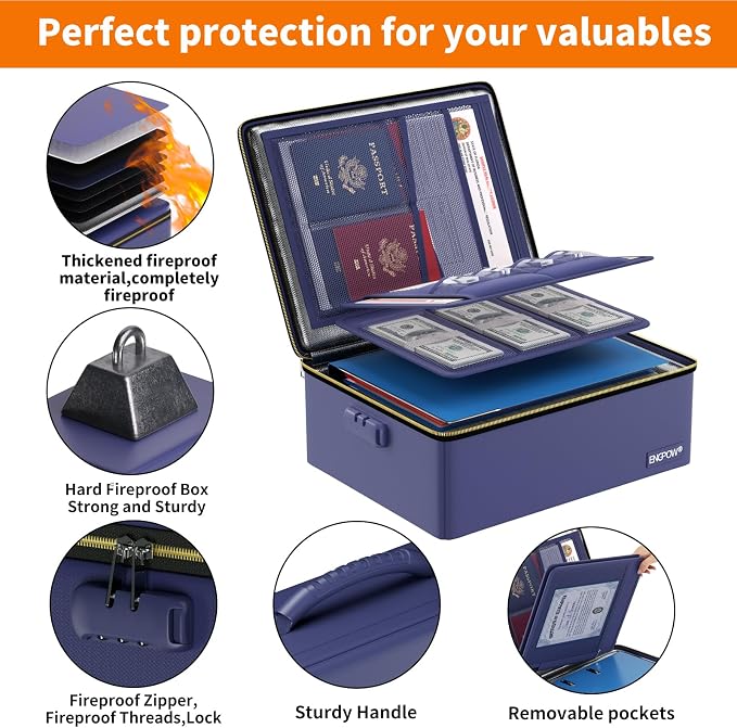 ENGPOW Fireproof Document Box with Lock & Heat-Resistant Fireproof Zipper | 6400°F 12-Layer Fire Protection, Hard File Organizer with Pockets, Portable Home Chest Safe Storage for Money,Jewelry, Blue - Image 4