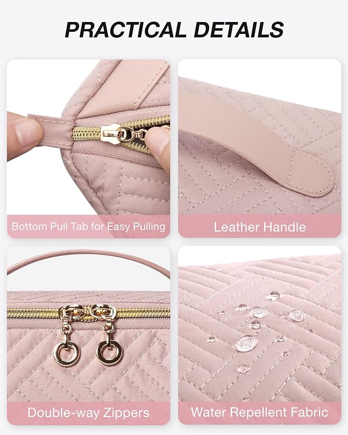 BAGSMART Makeup Bag Cosmetic Bag, Travel Makeup Bag,Water-resistent Makeup Bags for Women Portable Pouch Open Flat Make Up Organizer Bag for Toiletries, Brushes, Pink - Image 4