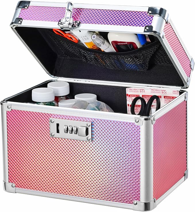 Medicine Lock Box with 3-Digit Combination Lock – Pink Lockable Storage Box for Medication, Small Lock Box for Valuables, 10"x7"x7.9" Locking Medicine Box for Home Travel Dorm by AdazzoRollingMakeupCase