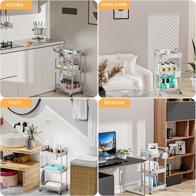 3 Tier Rolling Utility Cart with Handle,REBECAT Utility Cart Made of Multifunctional Storage Organizer Tool for Kitchen,Bathroom,Living Room,Office(Gray) - Image 6