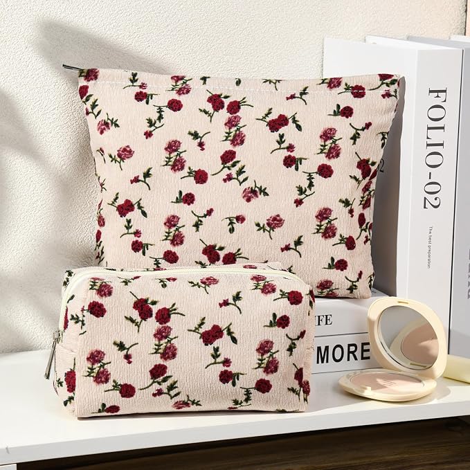 SOIDRAM 2 Pieces Rose Makeup Bag Large Corduroy Cosmetic Bag Capacity Canvas Mix Travel Toiletry Bag Organizer Cute Makeup Brushes Aesthetic Accessories Storage Bag for Women, Rose Mix White - Image 2