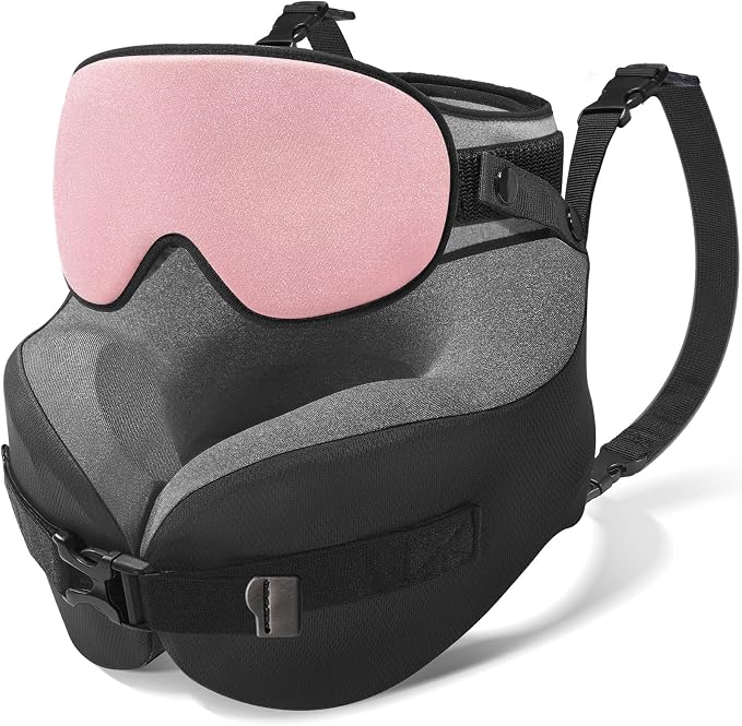 YFONG Travel Pillow with Head Support & Sleep Mask for Long Flights, Pink | Patented 360° Support System, Prevents Bobbing, Airplane Head Strap, 3D Eye Mask, Memory Foam Neck Pillow, Travel Essential by YFONG