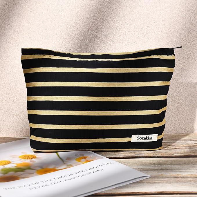 SOIDRAM 2 Pieces Makeup Bag Large Stripe Cosmetic Bag Capacity Canvas Travel Toiletry Bag Organizer Cute Makeup Brushes Aesthetic Accessories Storage Bag for Women, Stripe L Black White - Image 7