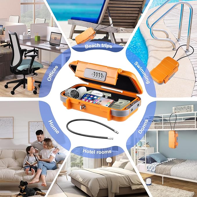 Portable Safe Box with Code, [Waterproof Anti-Theft ]Travel Safe, Combination Security Case Lock Box with Removable Wire Rope, for Home, Cars, Office, Vacation (Orange) - Image 7