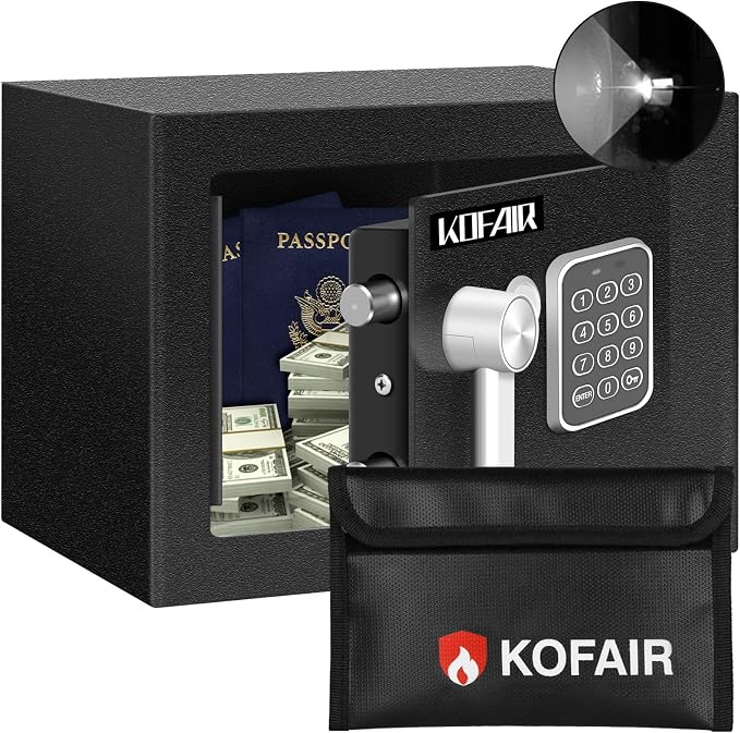 KOFAIR Safe Box for Home Safe (0.23 Cubic Feet) with Fireproof Bag, Personal Money Safe for Cash Saving, Mini Safe Box with Key, Digital Safety Box with Light, Money Lock Box by KOFAIR