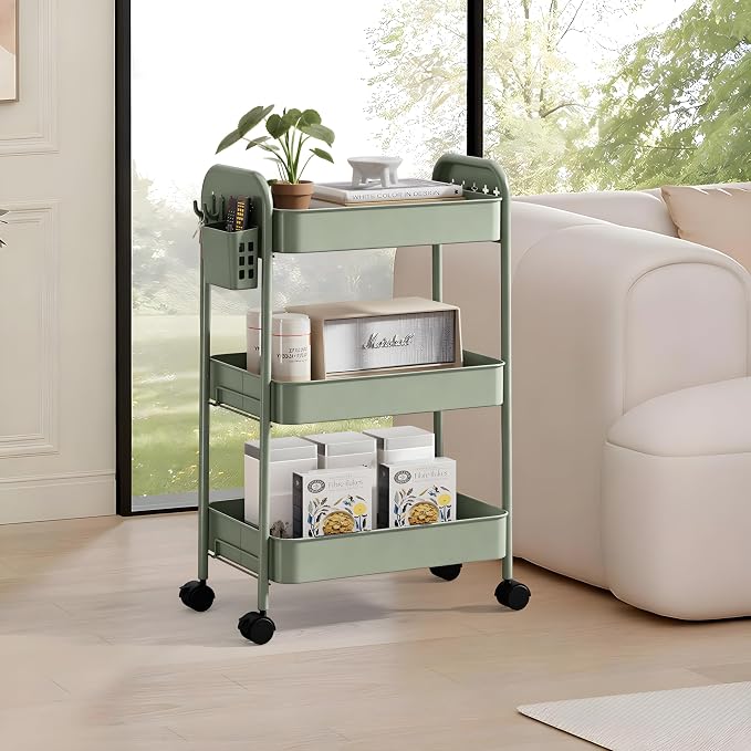 Heavy-Duty Rolling Cart 3 Tier Metal Utility Storage Cart | with Casters, Hooks & Hanging Cups, Rolling Storage Organizer for Kitchen Office Craft Snack Book - Image 6