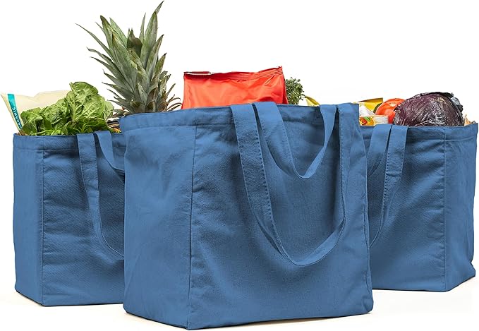 VeraMia Canvas Grocery Bag 3pc XL Set with Real Pockets, Long Shoulder Strap and Short Handle. Heavy Duty, Foldable, Washable by VeraMia