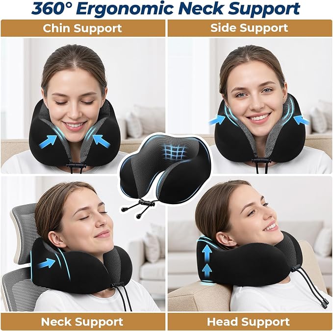 ExploreBliss Travel Pillow, Memory Foam Neck Pillow Airplane, Black | Travel Pillows for Airplanes, Neck Pillow Airplane, Memory Foam Neck Pillow Set with Eye Mask, Earplugs - Image 4