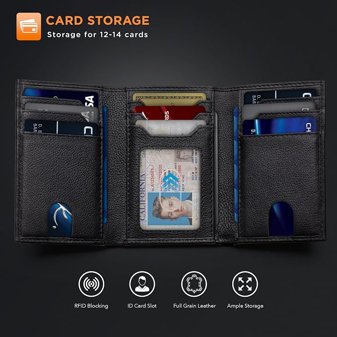 SERMAN BRANDS Trifold Wallet for Men - RFID Blocking Genuine Leather, 11 Card Slots & ID Window, Slim Everyday Carry, Durable Stitching, Gift for Him - Image 4