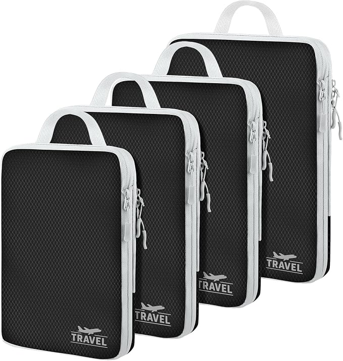 4 Set Compression Packing Cubes, Suitcase Organizer, Lightweight Travel Essentials, Compression Bags For Travel Accessories Luggage Storage Set (4 Pcs, Black) by Unknown