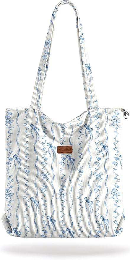 Aesthetic Corduroy Tote Bag with Zipper for Women | Reusable, Fits 14 Inch Laptop, Inner Pocket, double-sided print, Lightweight by VelvetHue