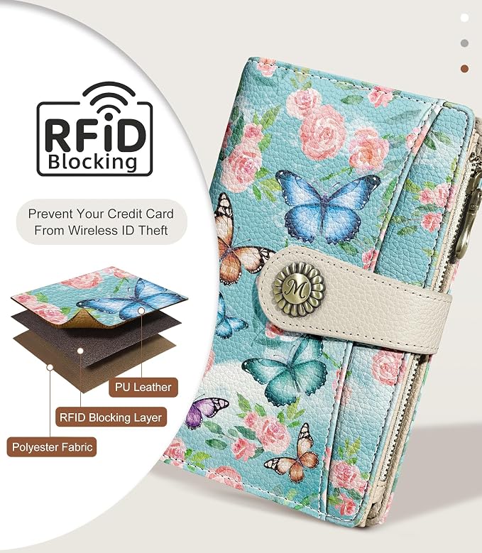 Butterfly Wallet Women RFID, Passport Holder, Credit Card Holder | 6.7" x 4.4" x 1.3" Bifold, Travel billfold, Zipper Pocket, PU Leather, Clutch, Purse, ID Window, Pen Holder, Gift Ladies Girl - Image 4