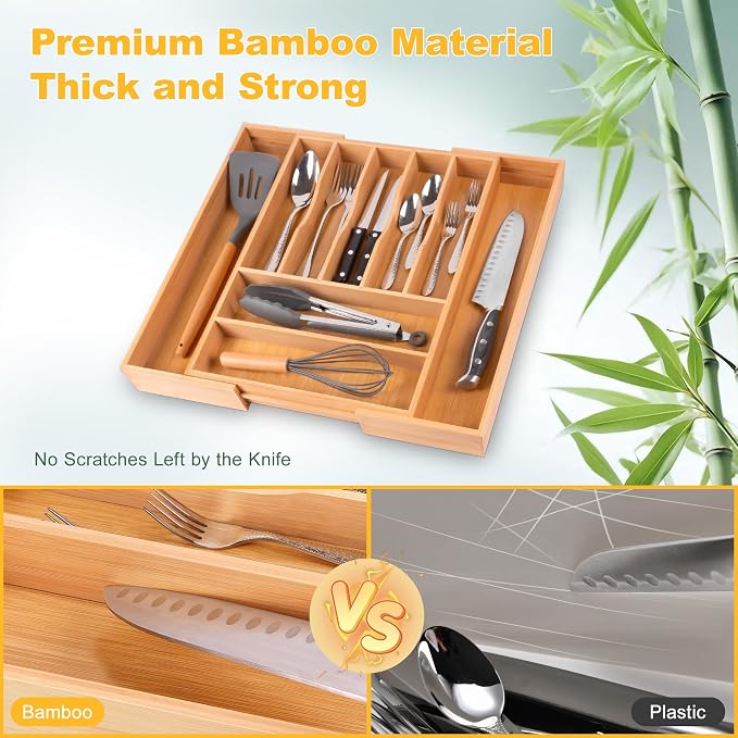 Large Premium Bamboo Silverware Organizer - Expandable Drawer Organizer & Utensil Organizer - 17"x19.7" Cutlery Tray with Dividers for Kitchen Utensils and Flatware (7-9 Slots) (Natural) - Image 5