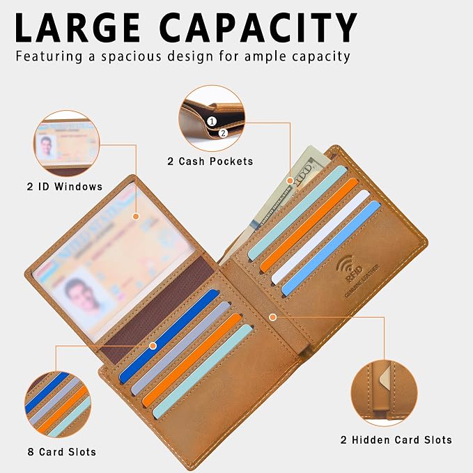 Travelambo Genuine Leather Wallet for Men with Gift Box - Handmade Bifold Stylish - Mens Wallets Rfid Blocking with 2 ID Windows - Image 2