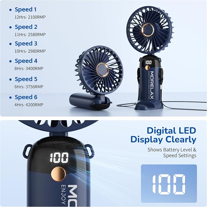 Morelax Handheld Mini Fan,USB Rechargeable Fodable Personal Fans 4000mAh,90 Adjustable, 6 Speed Strong Wind,Portable Fan Pocket Design 5 IN 1Cooling Table Fan for Office School Outdoor Travel,Blue - Image 5