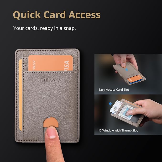 Buffway Slim Minimalist Front Pocket RFID Blocking Leather Wallets for Men and Women - Lichee Khaki - Image 3
