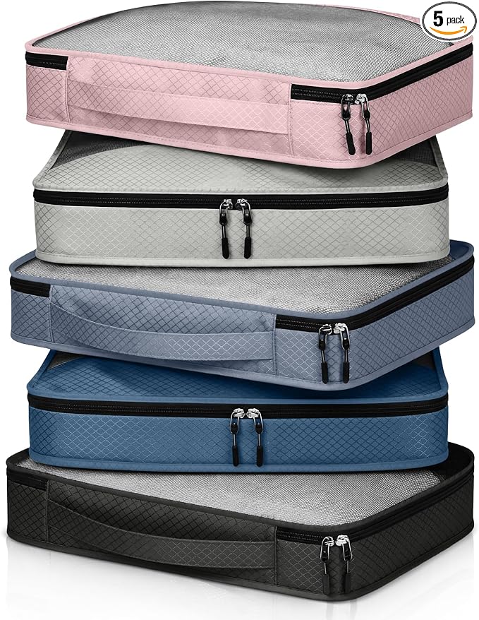 5 Pcs Packing Cubes for Suitcase Large Travel Cubes Carry on Luggage Organizer Bags for Clothes Accessories(L,Morandi) by Bulyoou