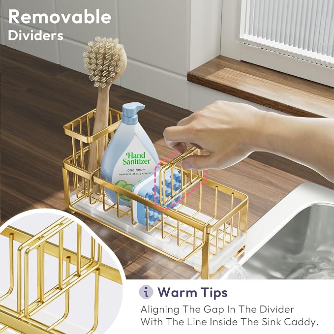 SWTYMIKI Sponge Holder for Kitchen Sink - Sink Caddy with Brush Holder Self-draining Sponge Caddy Organizer with Divider Stainless Steel Kitchen Accessories Storage for Countertop, Gold - Image 4