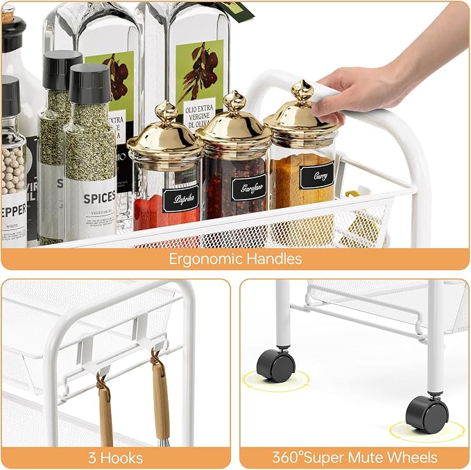 TOOLF 5 Tier Rolling Cart, Metal Utility Storage Cart with Wheels, White | 3 Hooks, Screwless Assembly, Trolley Organizer for Bathroom, Kitchen, Office, Nursery, Dorm, Laundry Room - Image 4