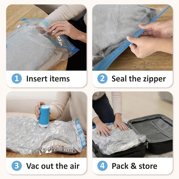 Cozy Essential Travel Vacuum Storage Bags with Rechargeable Cordless USB Pump, Space Saver Bags for Luggage, Suitcase, Carry-On, for Clothes, Blankets, Bedding & Seasonal Storage,12 Combo - Image 8