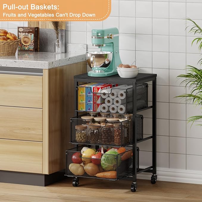 Pantry Organizer and Storage Cart, 3-Tier Kitchen Storage Cart with Drawer, Fruit Vegetable Storage Cart with Wheels, Wooden Top Metal Wire Kitchen Organizer Rack Stand for Food Snack Onion Potato - Image 9